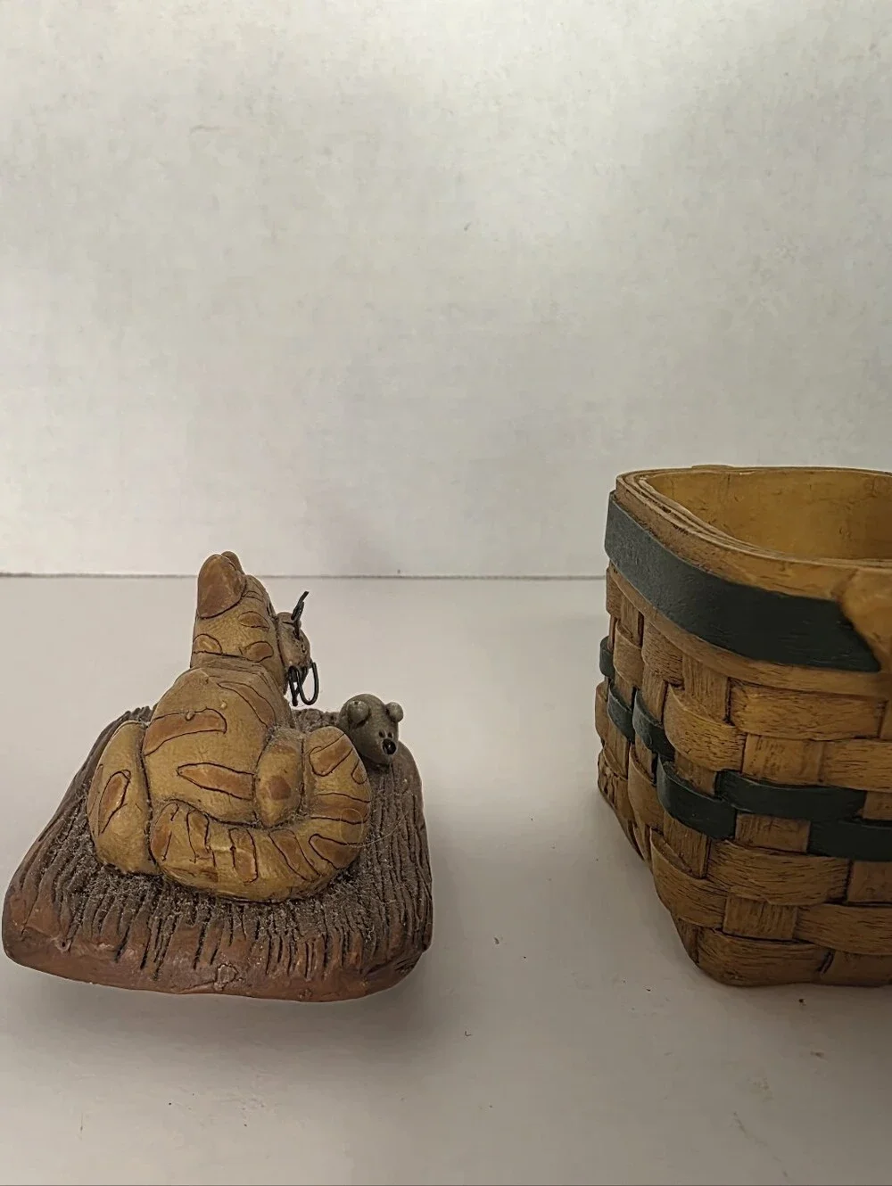 Orange Cat and Mouse on Basket Trinket Box signed Suzy